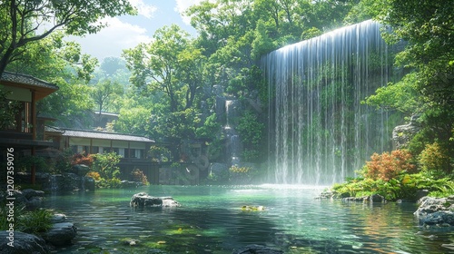 A serene oasis featuring a tranquil waterfall and lush greenery surrounding a peaceful retreat
