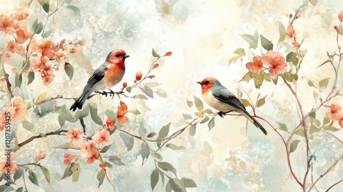 Fototapeta Naklejka Na Ścianę i Meble -  Two birds perched on flowering branches, garden scene, watercolor art print
