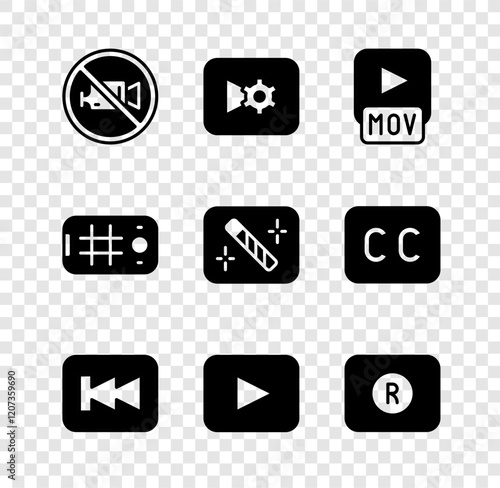 Set Prohibition no video recording, Music settings, MOV file, Rewind button, Play, Record, Selfie mobile and Photo retouching icon. Vector