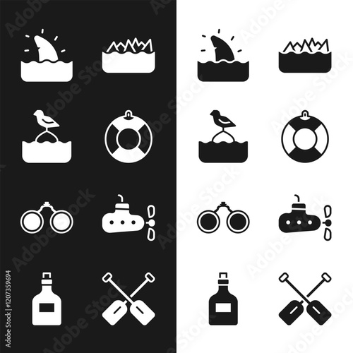 Set Lifebuoy, Seagull sits on a, Shark fin in ocean wave, Sharp stone reefs, Binoculars, Submarine, Paddle and Rum bottle icon. Vector