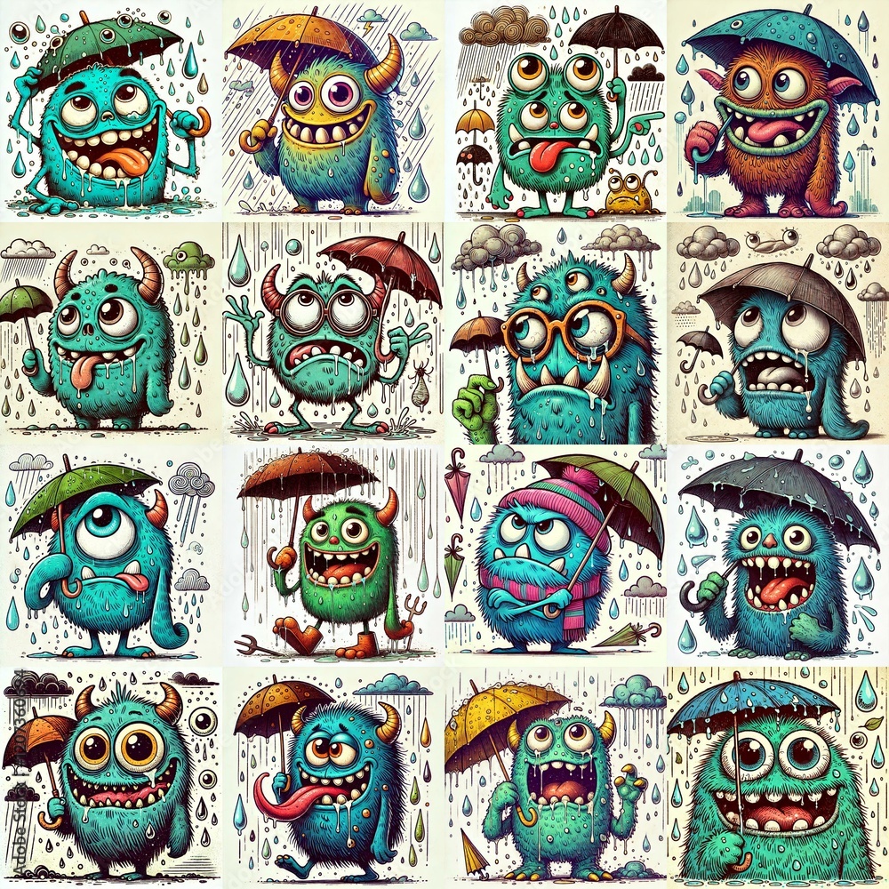 Fototapeta premium Cartoon monsters in rainy weather. AI generated illustration