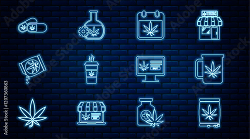 Set line Marijuana or cannabis seeds, Cup tea with marijuana, Calendar and, coffee, Medical pills, Online buying and Test tube icon. Vector