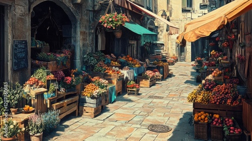 Vintage-style poster of a quaint village market with stalls, fruits, and vegetables, all in warm tones