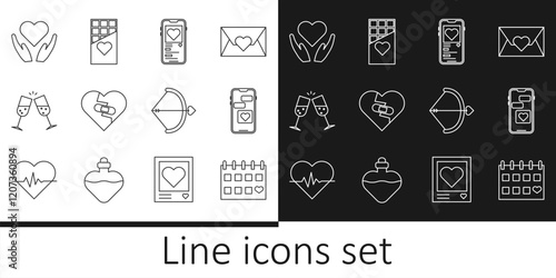 Set line Calendar with heart, Mobile, Healed broken, Glass of champagne, Heart in hand, Bow arrow and Chocolate bar icon. Vector