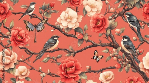 Floral bird seamless pattern, Asian design, coral background, textile print