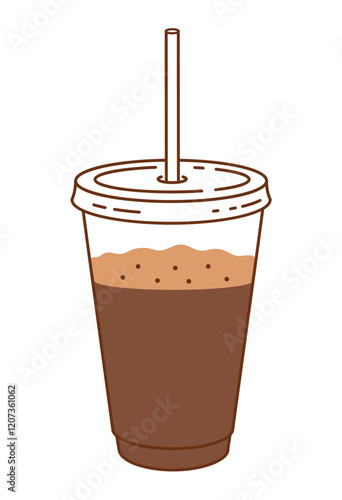 Vector minimalistic line art color illustration of transparent takeaway Coffee cup with drinking straw