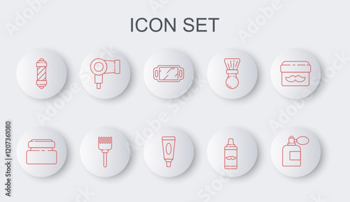 Set line Aftershave bottle with atomizer, Cream or lotion cosmetic tube, Hand mirror, Shaving gel foam, Classic Barber shop pole, Hair dryer, Hairbrush and icon. Vector