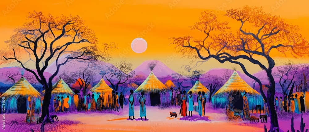 Naklejka premium Vibrant Village Art Print at Sunset