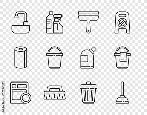Set line Kitchen dishwasher machine, Rubber plunger, cleaner for windows, Brush cleaning, Washbasin with water tap, Bucket, Trash can and rag icon. Vector