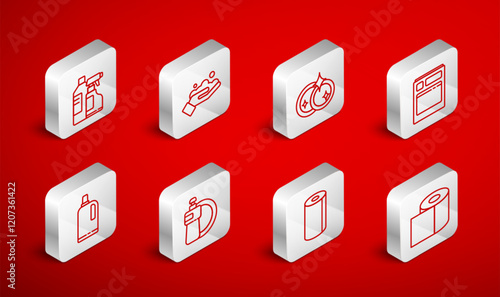 Set line Toilet paper roll, Washing hands with soap, dishes, Kitchen dishwasher machine, Paper towel, Bottles for cleaning agent, Dishwashing liquid bottle plate and Fabric softener icon. Vector