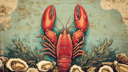 Vintage-style poster of a seafood restaurant with lobsters, oysters, and a nautical-themed design photo