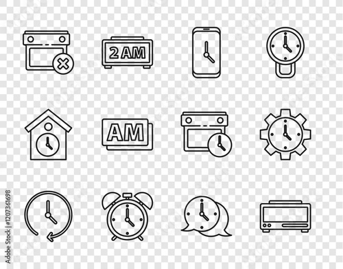 Set line Clock, Digital alarm clock, Alarm app mobile, Calendar date delete, AM, speech bubble and Time Management icon. Vector