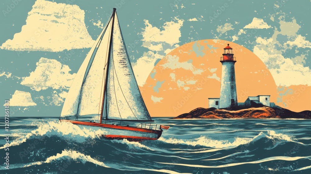 Naklejka premium Vintage-style poster of a sailing trip with an old sailboat, lighthouse, and ocean waves
