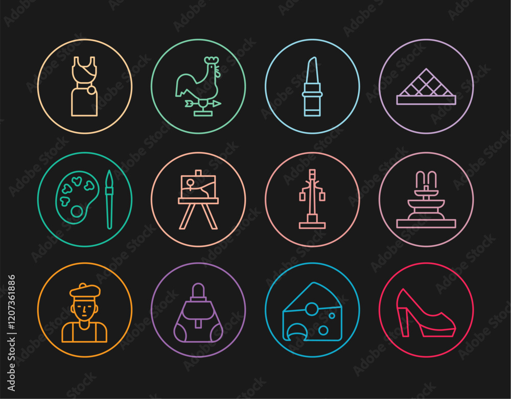 Set line Woman shoe, Fountain, Lipstick, Easel or painting art boards, Paint brush with palette, dress, Street light and Rooster weather vane icon. Vector Set line Woman shoe, Fountain, Lipstick, Easel or painting art boards, Paint brush with palette, dress, Street light and Rooster weather vane icon. Vector