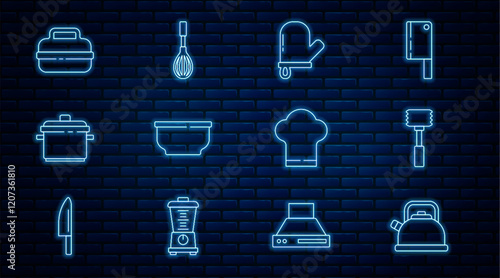 Set line Kettle with handle, Kitchen hammer, Oven glove, Bowl, Cooking pot, Chef hat and whisk icon. Vector
