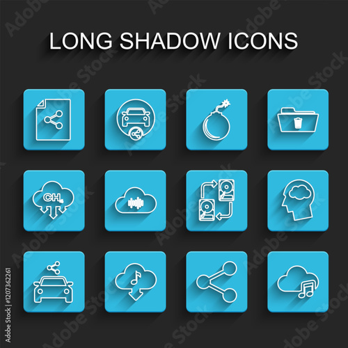 Set line Car sharing, Cloud download music, Share file, Music streaming service, Head silhouette with cloud and Data exchange hhd icon. Vector