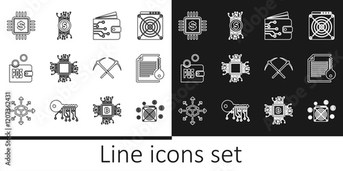 Set line ASIC Miner, Smart contract, Cryptocurrency wallet, Processor, Proof of stake, chip with dollar, Crossed pickaxe and bitcoin circuit icon. Vector
