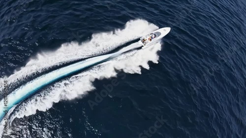 Wallpaper Mural Sleek white speedboat racing across deep navy waters, carving dramatic white wake while zooming at high velocity, viewed from aerial perspective in cinematic slow motion Torontodigital.ca