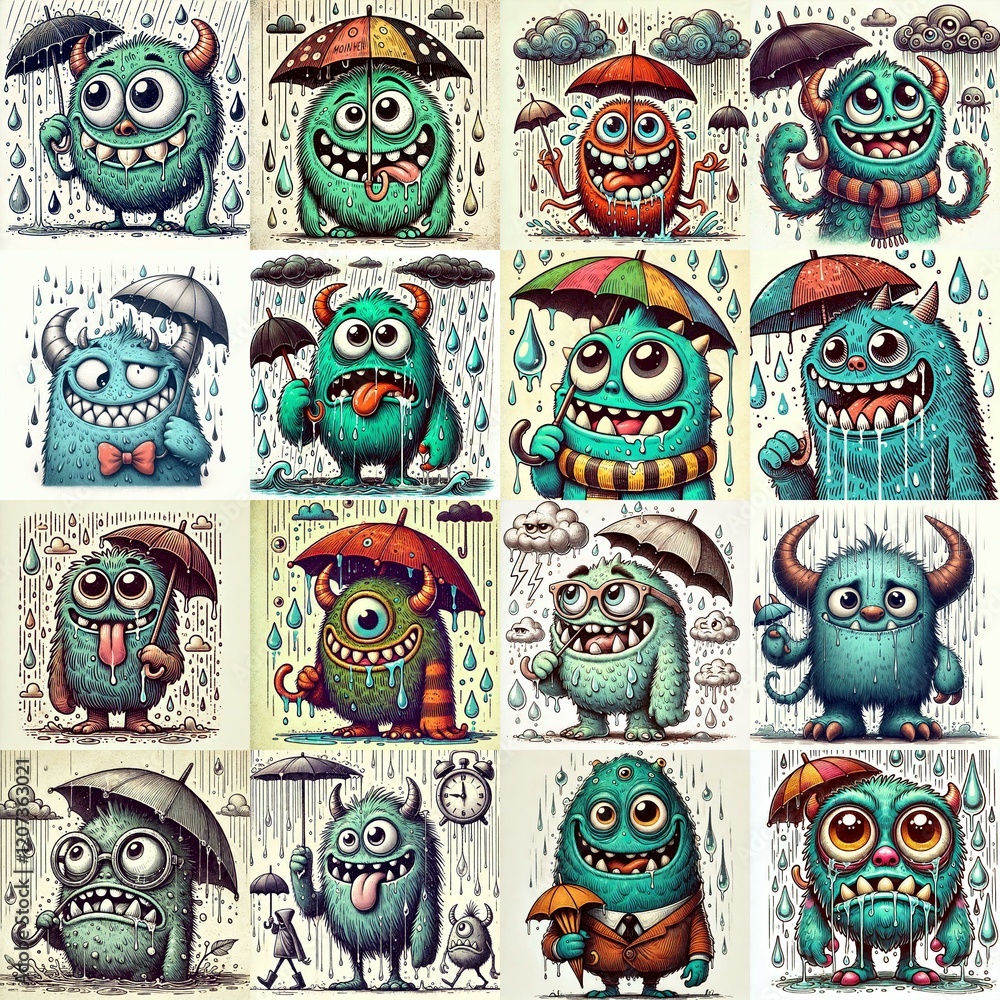 Fototapeta premium Cartoon monsters in rainy weather. AI generated illustration