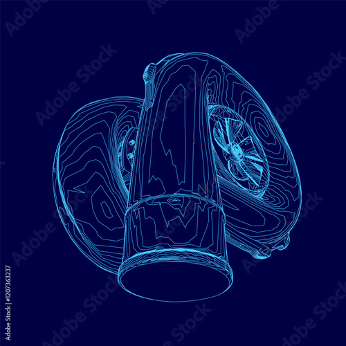 Blue image of a car engine with a blue background. The engine is shown in a 3D rendering, with a blue color scheme. Concept of motion and power