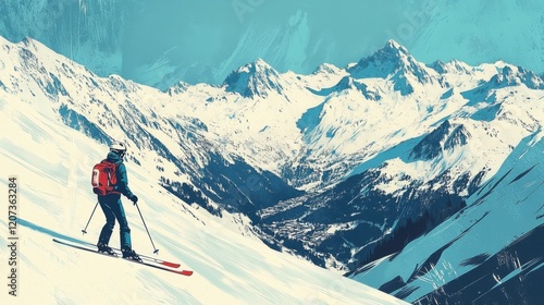 Vintage style poster of a retro ski resort with snow-capped mountains, vintage ski equipment and cool blue colors and skiers playing.