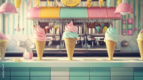Vintage-style poster of a retro ice cream parlor with colorful cones, scoops, and playful typography.