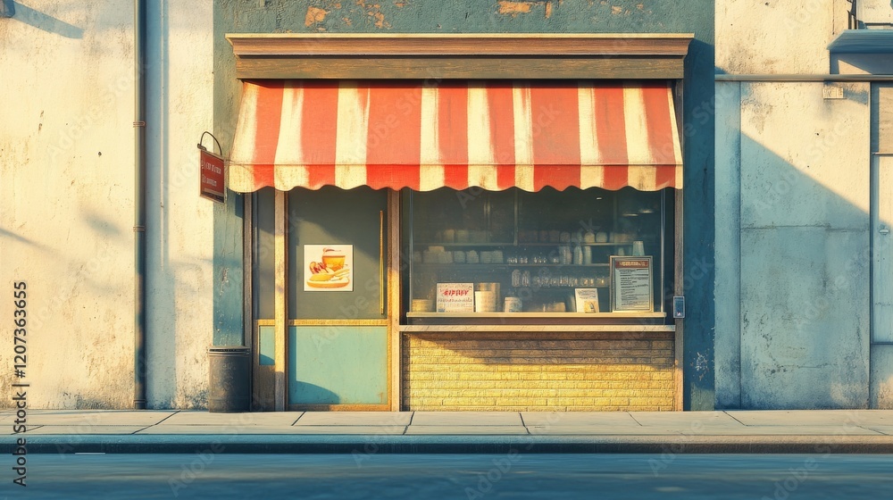 Building exterior with cafe, restaurant or coffee shop. Empty city street landscape with cafeteria front. Small diner or cafe storefront with door and awning, vector cartoon illustration Building exterior with cafe, restaurant or coffee shop. Empty city street landscape with cafeteria front. Small diner or cafe storefront with door and awning, vector cartoon illustration