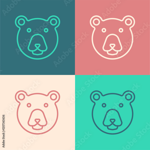 Pop art line Bear head icon isolated on color background. Vector