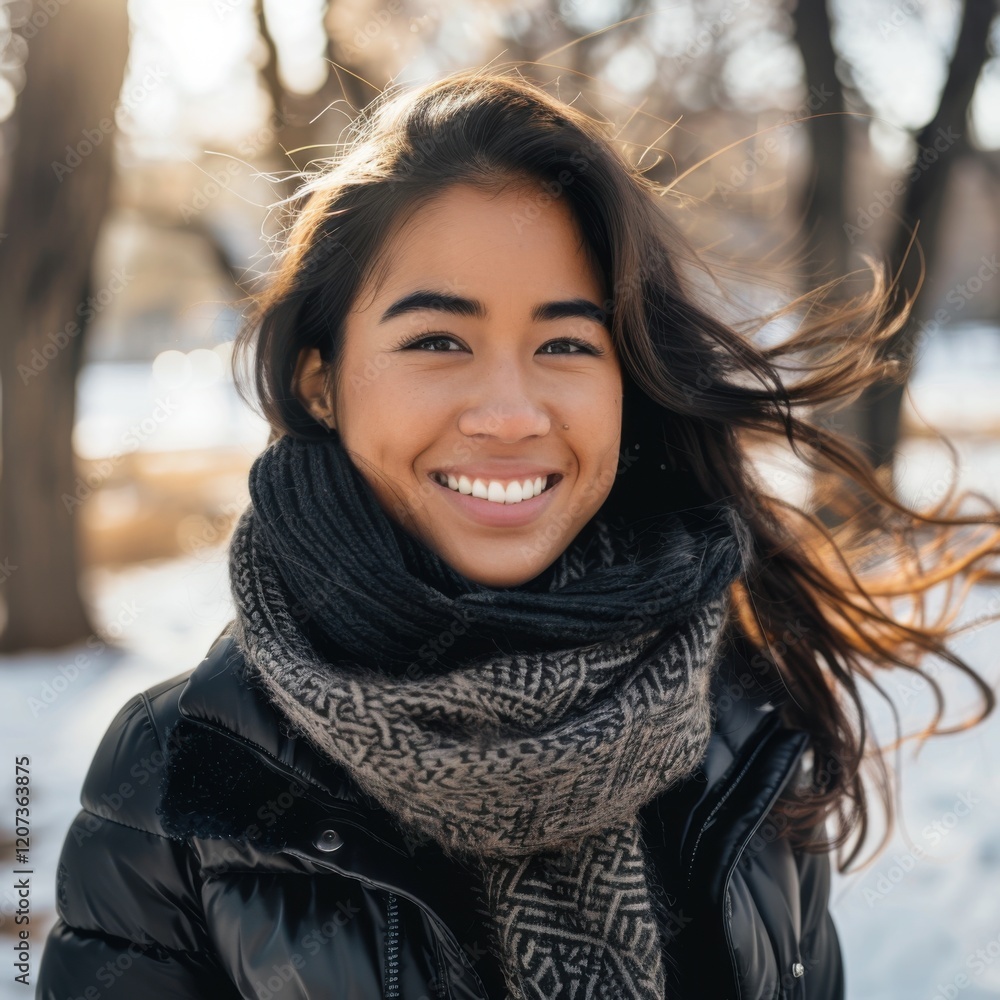 smiling woman in black jacket and scarf celebrating the month of love smiling woman in black jacket and scarf celebrating the month of love