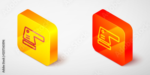 Isometric line Electric sander icon isolated on grey background. Orbital sander. For floor and wooden planks sanding sandpaper. Yellow and orange square button. Vector