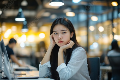 Stressed and tired young Asian businesswoman feels headache while working overtime at bright office photo