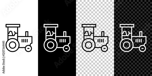 Set line Tractor icon isolated on black and white, transparent background. Vector