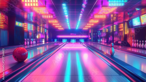 Vintage-style poster of a retro bowling alley with bowling pins, neon lights, and vibrant colors.