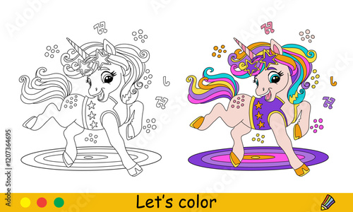Cute musical unicorn coloring page vector illustration