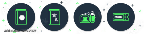 Set line Translator book, Museum ticket, Cover travel guide and Ticket icon. Vector
