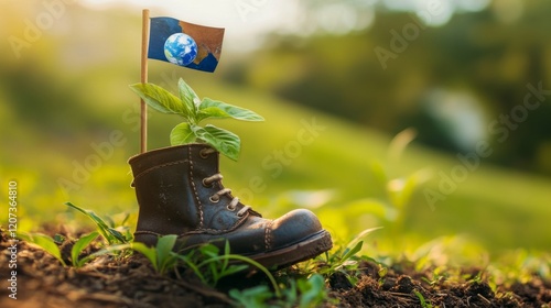 Fototapeta Naklejka Na Ścianę i Meble -  Plant sprout growing in old boot and flag with Earth on hill with green grass. Concept of environment and ecology. Vector cartoon illustration of spring landscape with seedling in shoe and mountains