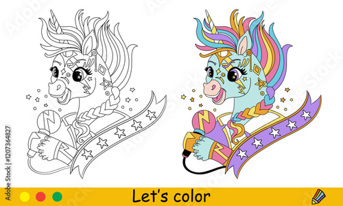 Cute cartoon rock music unicorn coloring vector illustration