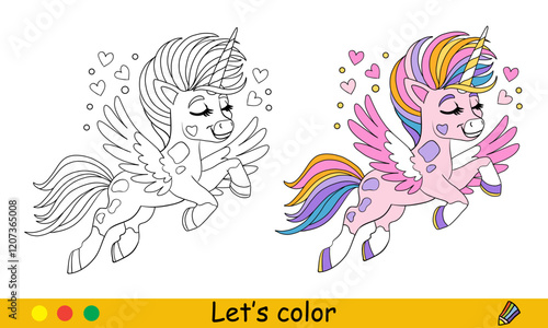Cute pink unicorn coloring page vector illustration