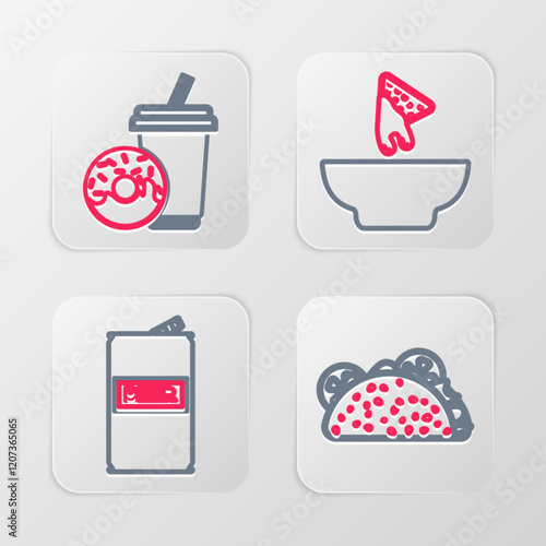 Set line Taco with tortilla, Beer can, Nachos in plate and Soda drink donut icon. Vector