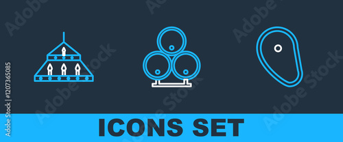 Set line Steak meat, Massive steel chandelier and Wooden barrels icon. Vector