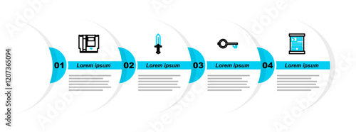 Set line Game guide, Ancient key for game, Sword and Cartridge icon. Vector