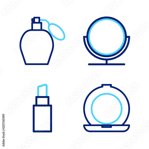 Set line Makeup powder with mirror, Lipstick, Round makeup and Perfume icon. Vector