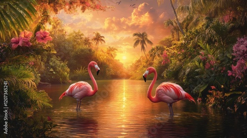 A romantic scene of flamingos wading gracefully in a serene waterscape, surrounded by lush tropical greenery, with a vivid sunset casting golden and crimson hues across the horizon.