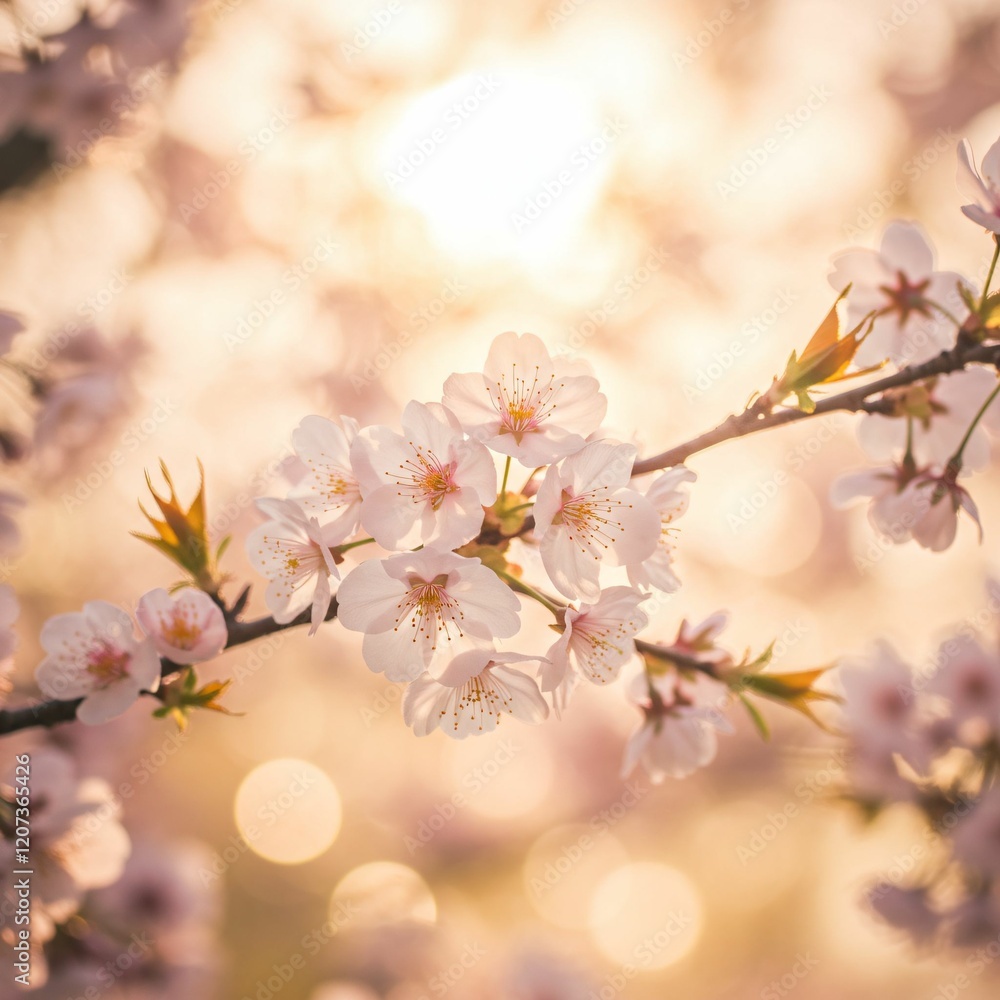 Delicate Cherry Blossoms in Golden Sunrise, Symbolizing Hope and New Beginnings Delicate Cherry Blossoms in Golden Sunrise, Symbolizing Hope and New Beginnings