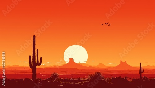 Arizona Desert Sunset Landscape With Cacti And Mountains