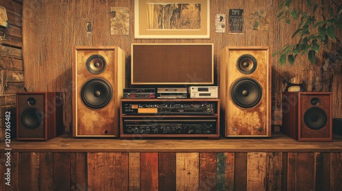Vintage style poster about antique audio equipment and speakers in the corner of a vintage room.