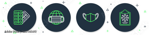 Set line Earth with medical mask, Medical protective, Pills in blister pack and Clipboard blood test results icon. Vector