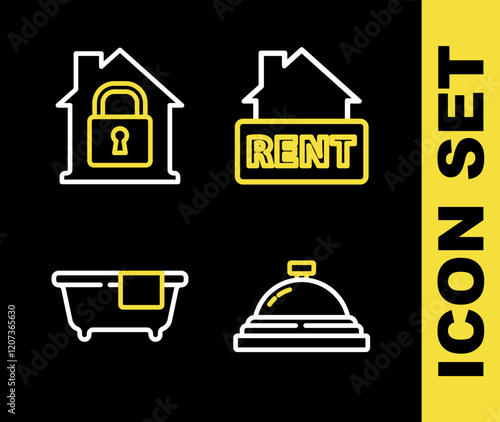 Set line Hanging sign with Rent, Hotel service bell, Bathtub and House under protection icon. Vector