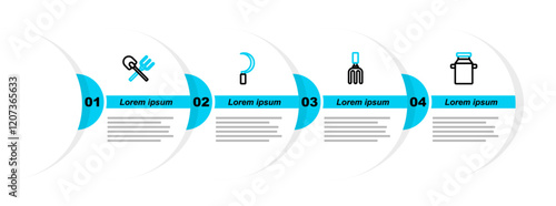Set line Can container for milk, Garden rake, Sickle and Shovel and icon. Vector