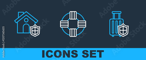 Set line House insurance, with shield and Lifebuoy icon. Vector